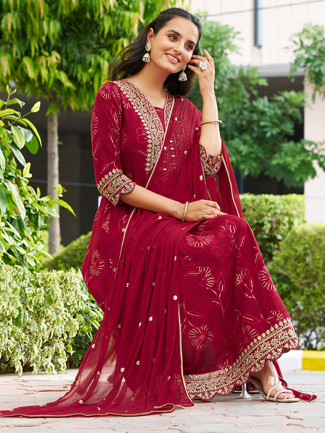 Mirror Embroidered Anarkali Kurta With Matching Pant & Embroidered Chiffon Dupatta, Maroon - Hiral Fashion