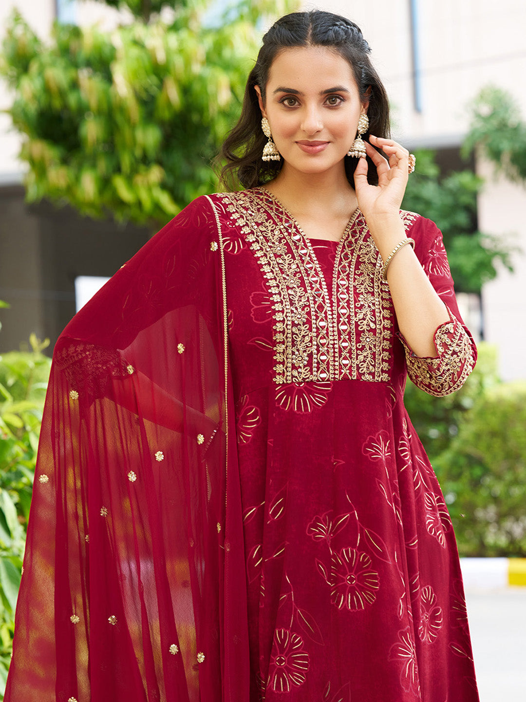 Mirror Embroidered Anarkali Kurta With Matching Pant & Embroidered Chiffon Dupatta, Maroon - Hiral Fashion