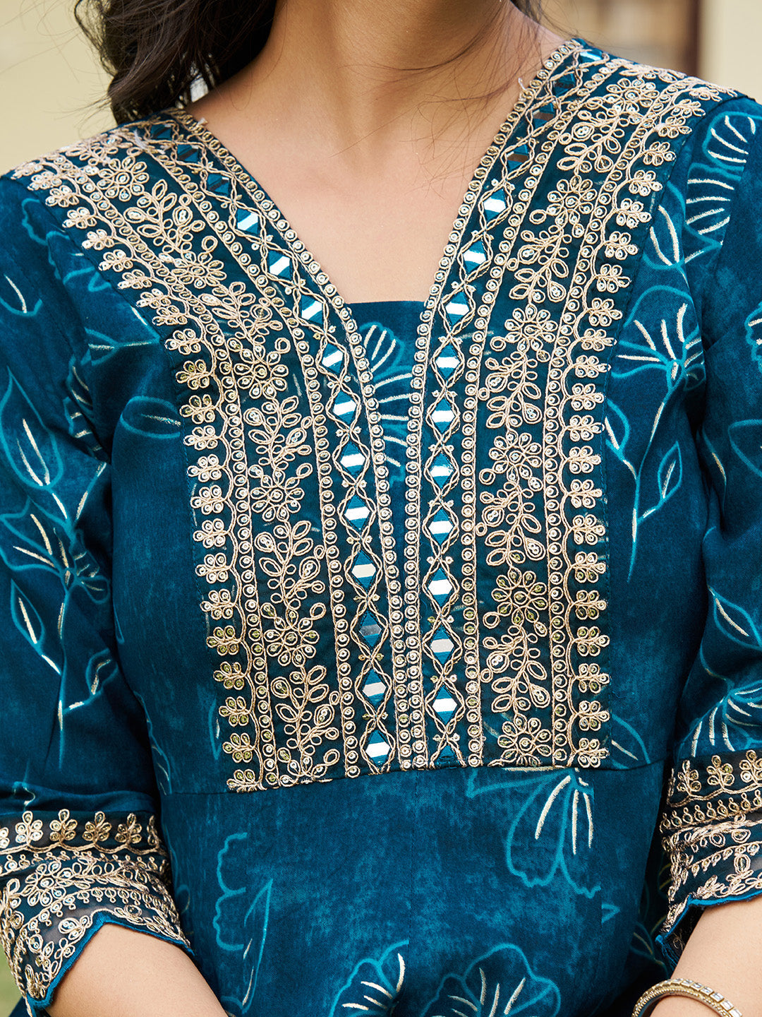 Mirror Embroidered Anarkali Kurta With Matching Pant & Embroidered Chiffon Dupatta, Teal - Hiral Fashion