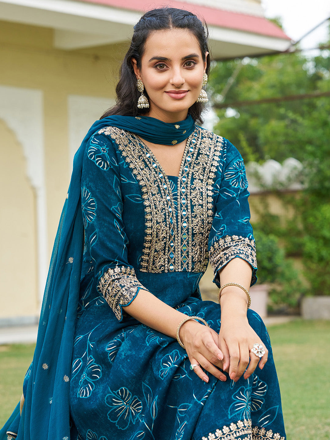 Mirror Embroidered Anarkali Kurta With Matching Pant & Embroidered Chiffon Dupatta, Teal - Hiral Fashion