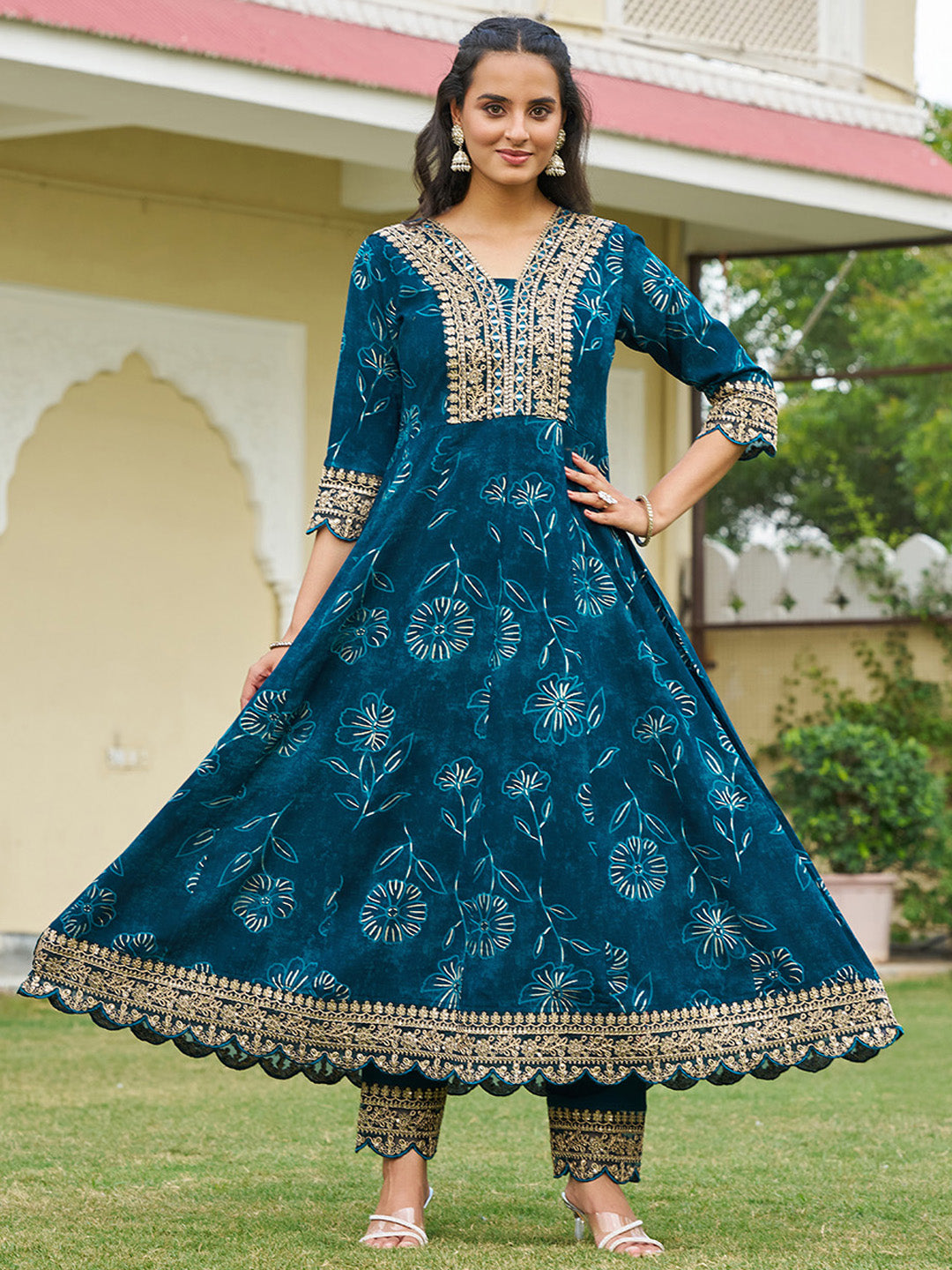 Mirror Embroidered Anarkali Kurta With Matching Pant & Embroidered Chiffon Dupatta, Teal - Hiral Fashion