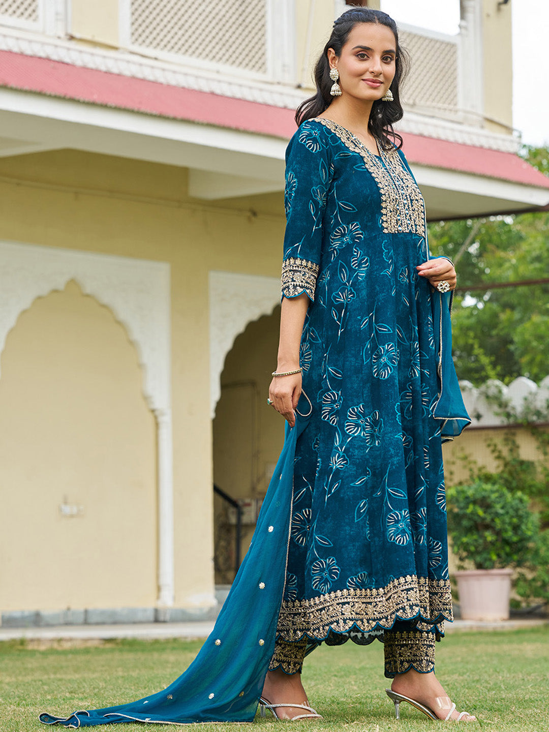 Mirror Embroidered Anarkali Kurta With Matching Pant & Embroidered Chiffon Dupatta, Teal - Hiral Fashion