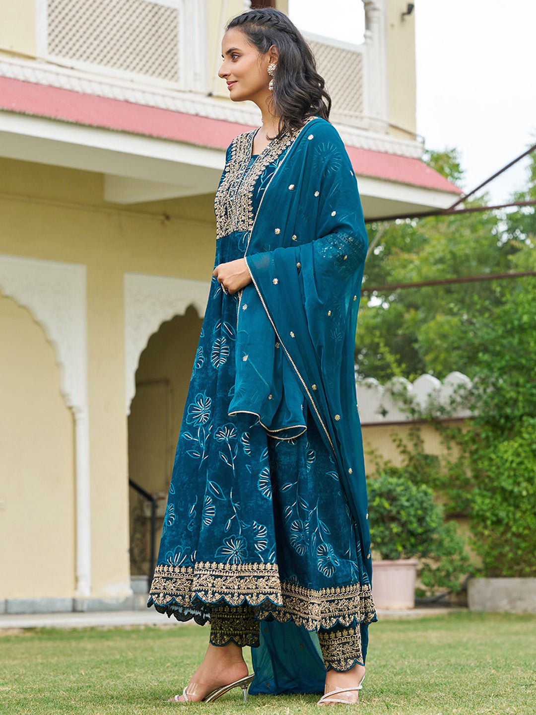 Mirror Embroidered Anarkali Kurta With Matching Pant & Embroidered Chiffon Dupatta, Teal - Hiral Fashion