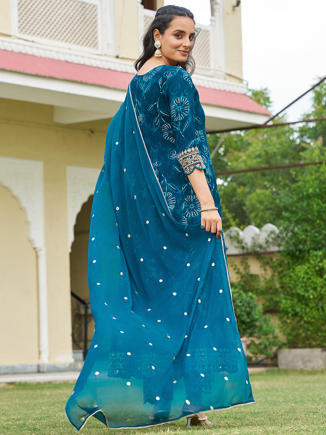 Mirror Embroidered Anarkali Kurta With Matching Pant & Embroidered Chiffon Dupatta, Teal - Hiral Fashion