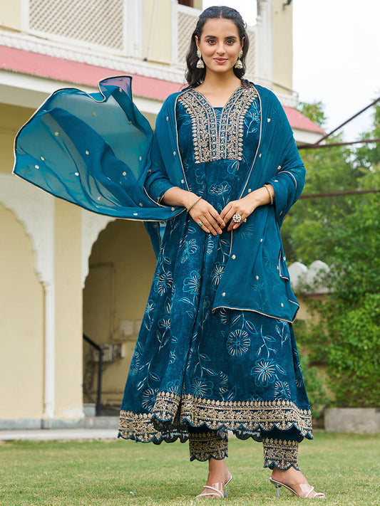 Mirror Embroidered Anarkali Kurta With Matching Pant & Embroidered Chiffon Dupatta, Teal - Hiral Fashion