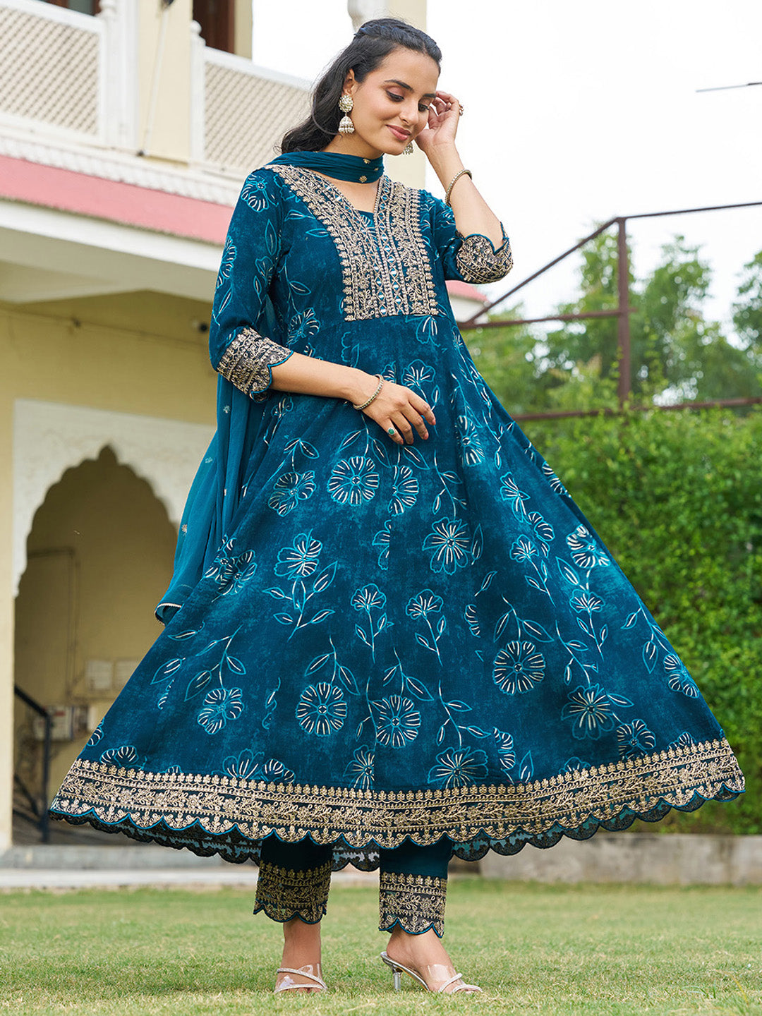Mirror Embroidered Anarkali Kurta With Matching Pant & Embroidered Chiffon Dupatta, Teal - Hiral Fashion