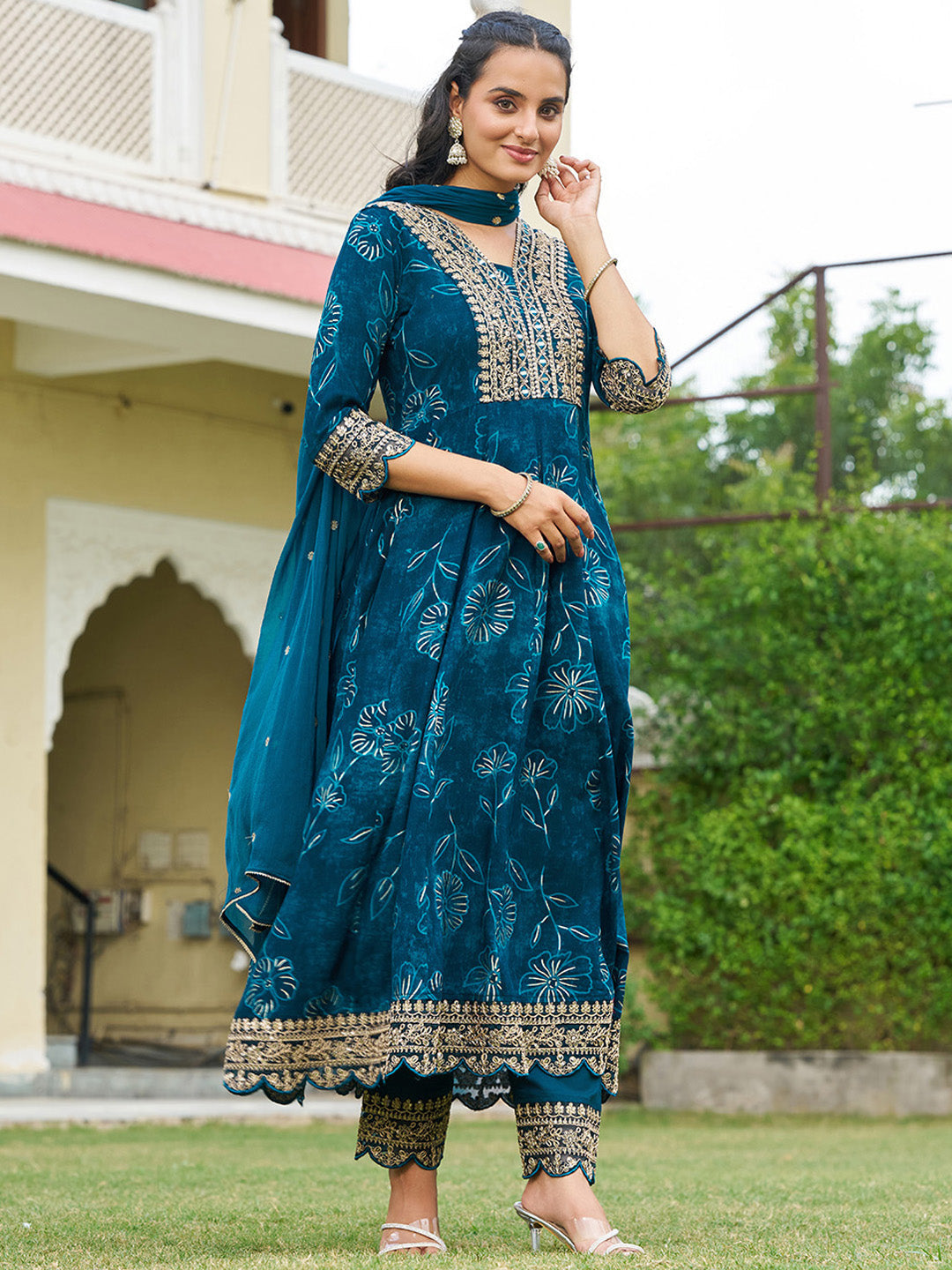 Mirror Embroidered Anarkali Kurta With Matching Pant & Embroidered Chiffon Dupatta, Teal - Hiral Fashion