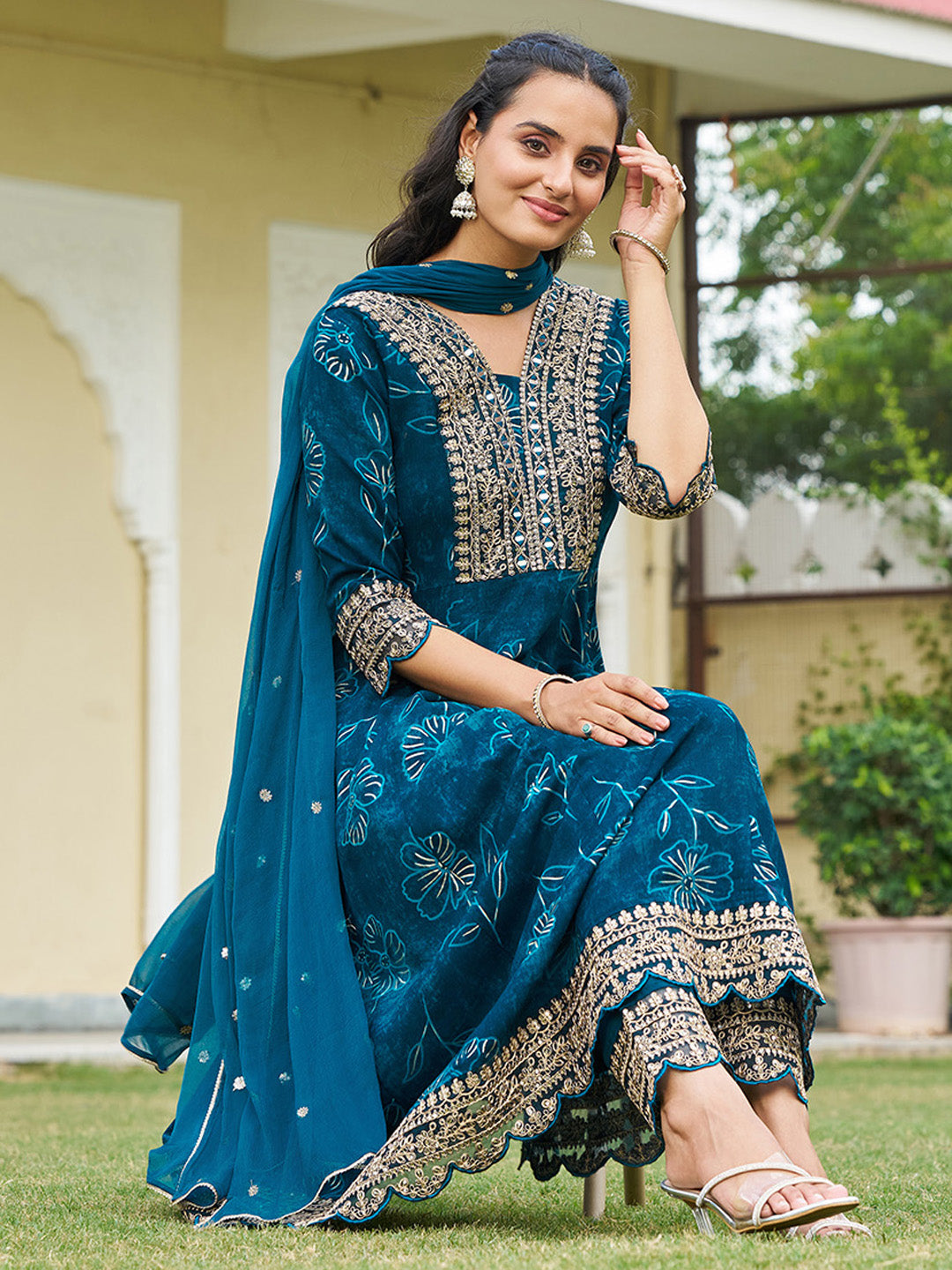 Mirror Embroidered Anarkali Kurta With Matching Pant & Embroidered Chiffon Dupatta, Teal - Hiral Fashion