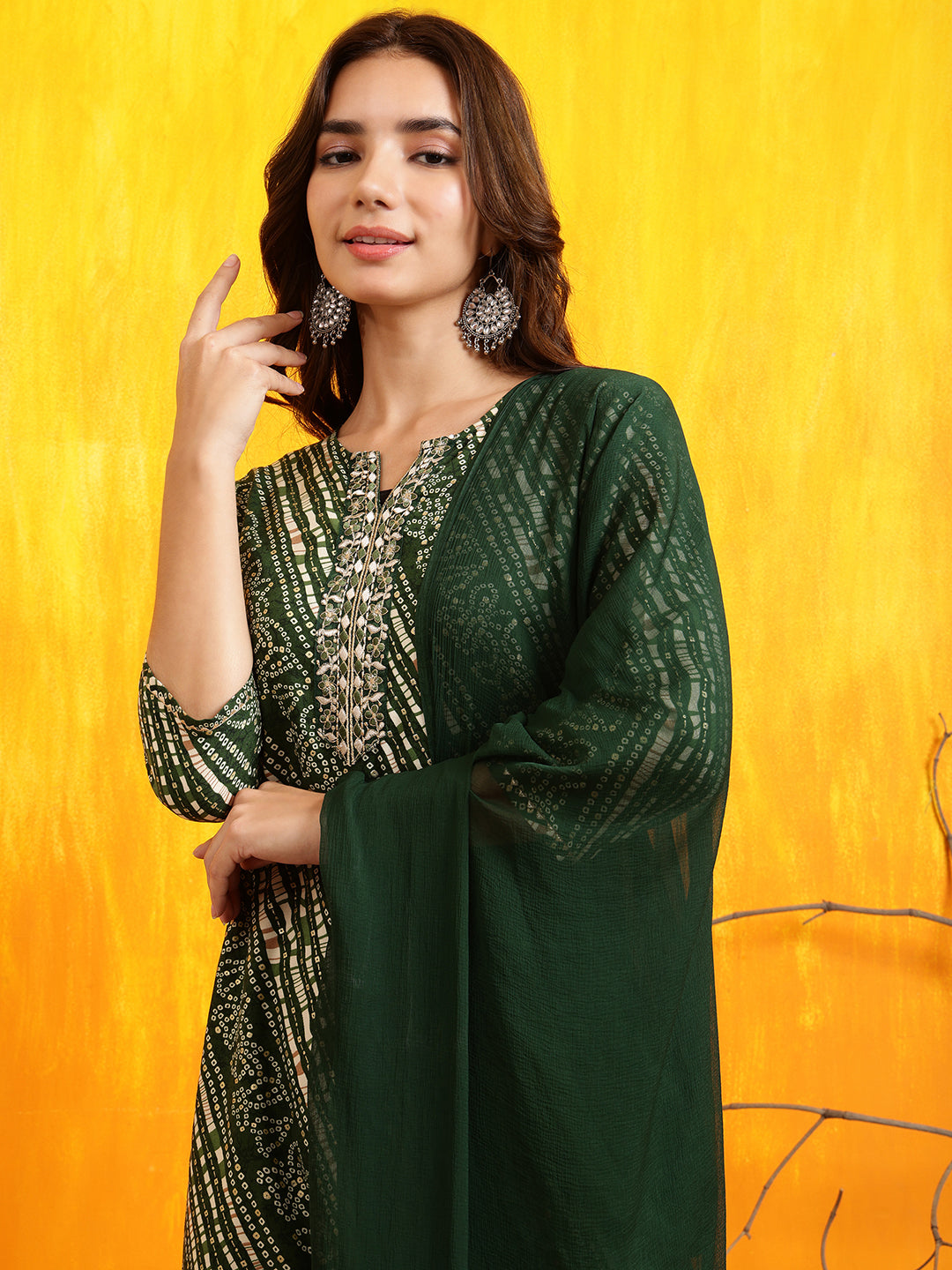Embroidered Kurta With Pant & Dupatta, Green - Hiral Fashion