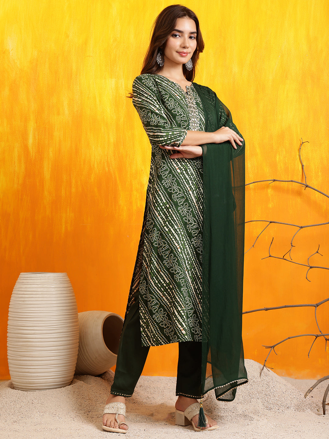Embroidered Kurta With Pant & Dupatta, Green - Hiral Fashion