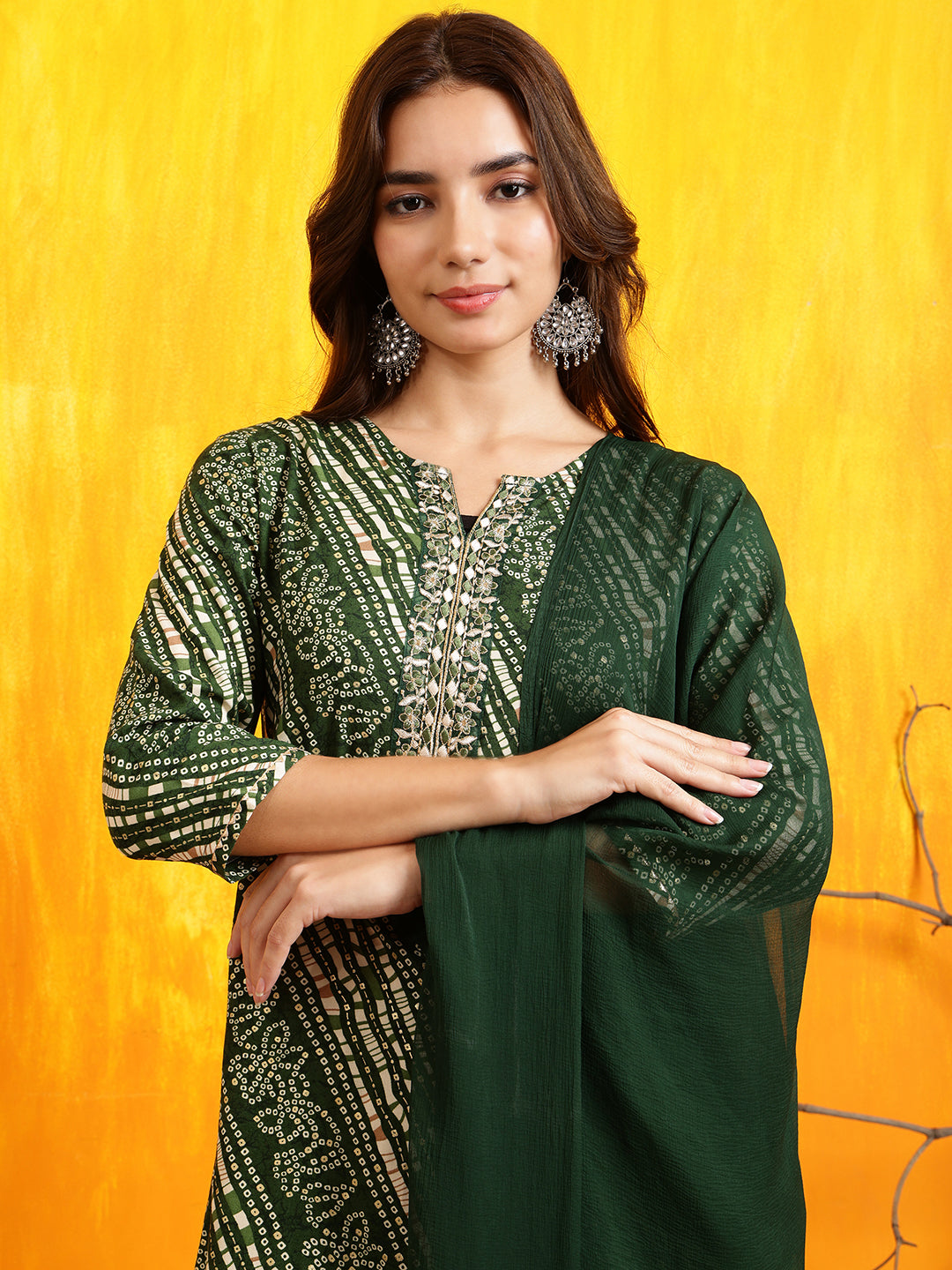 Embroidered Kurta With Pant & Dupatta, Green - Hiral Fashion