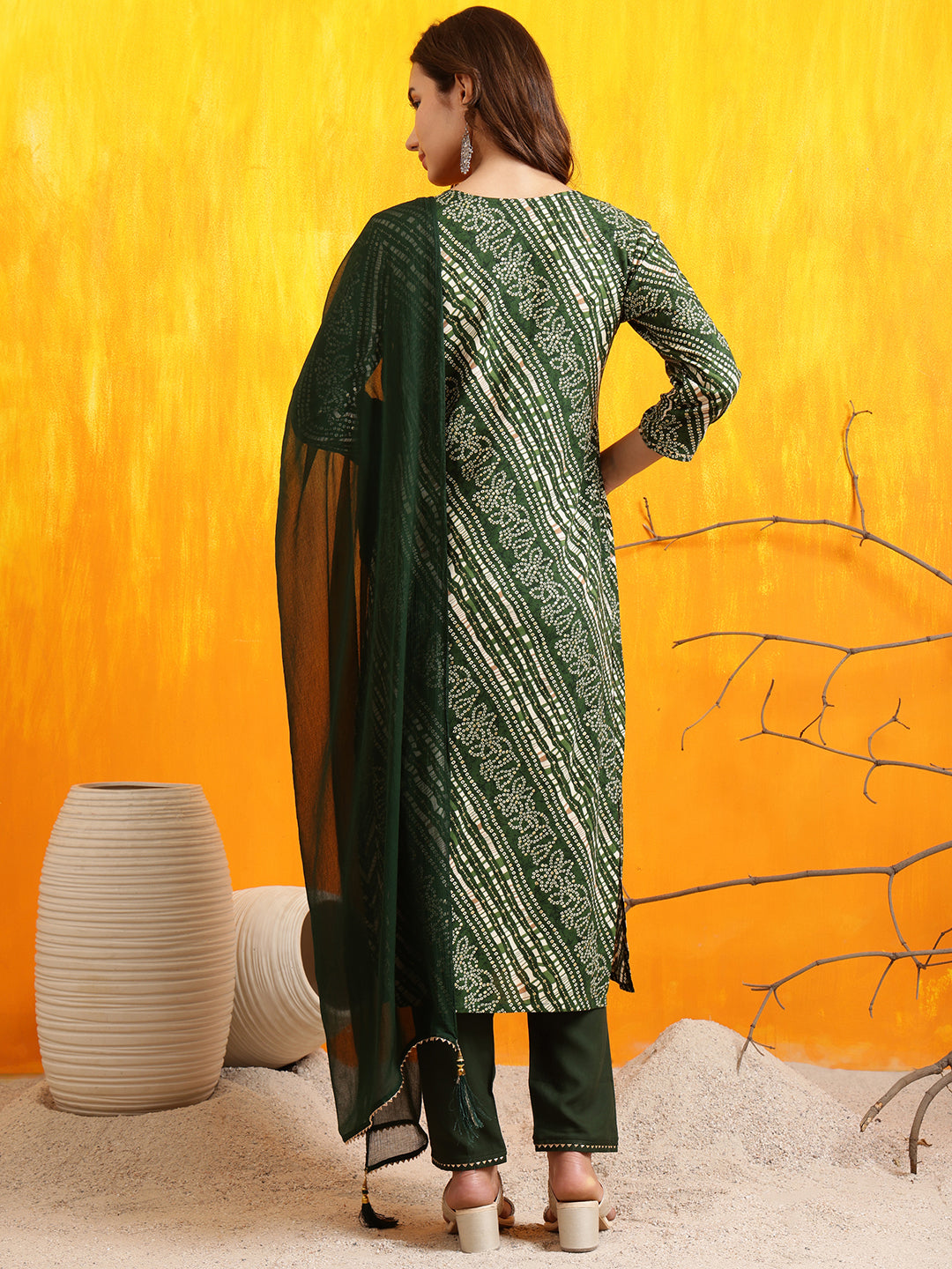 Embroidered Kurta With Pant & Dupatta, Green - Hiral Fashion