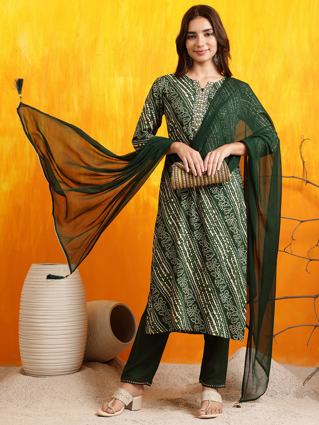 Embroidered Kurta With Pant & Dupatta, Green - Hiral Fashion