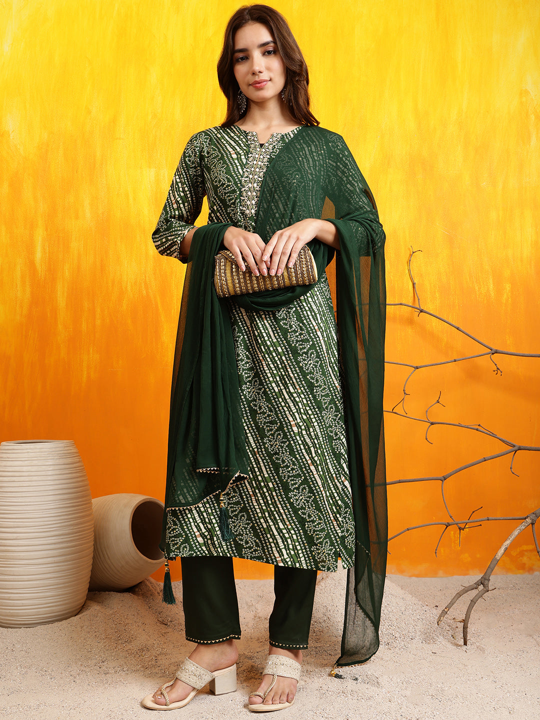Embroidered Kurta With Pant & Dupatta, Green - Hiral Fashion