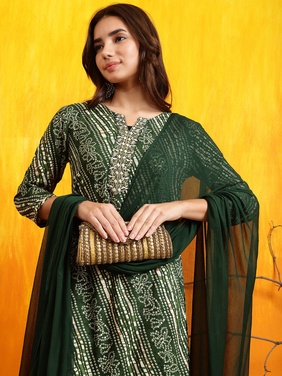 Embroidered Kurta With Pant & Dupatta, Green - Hiral Fashion