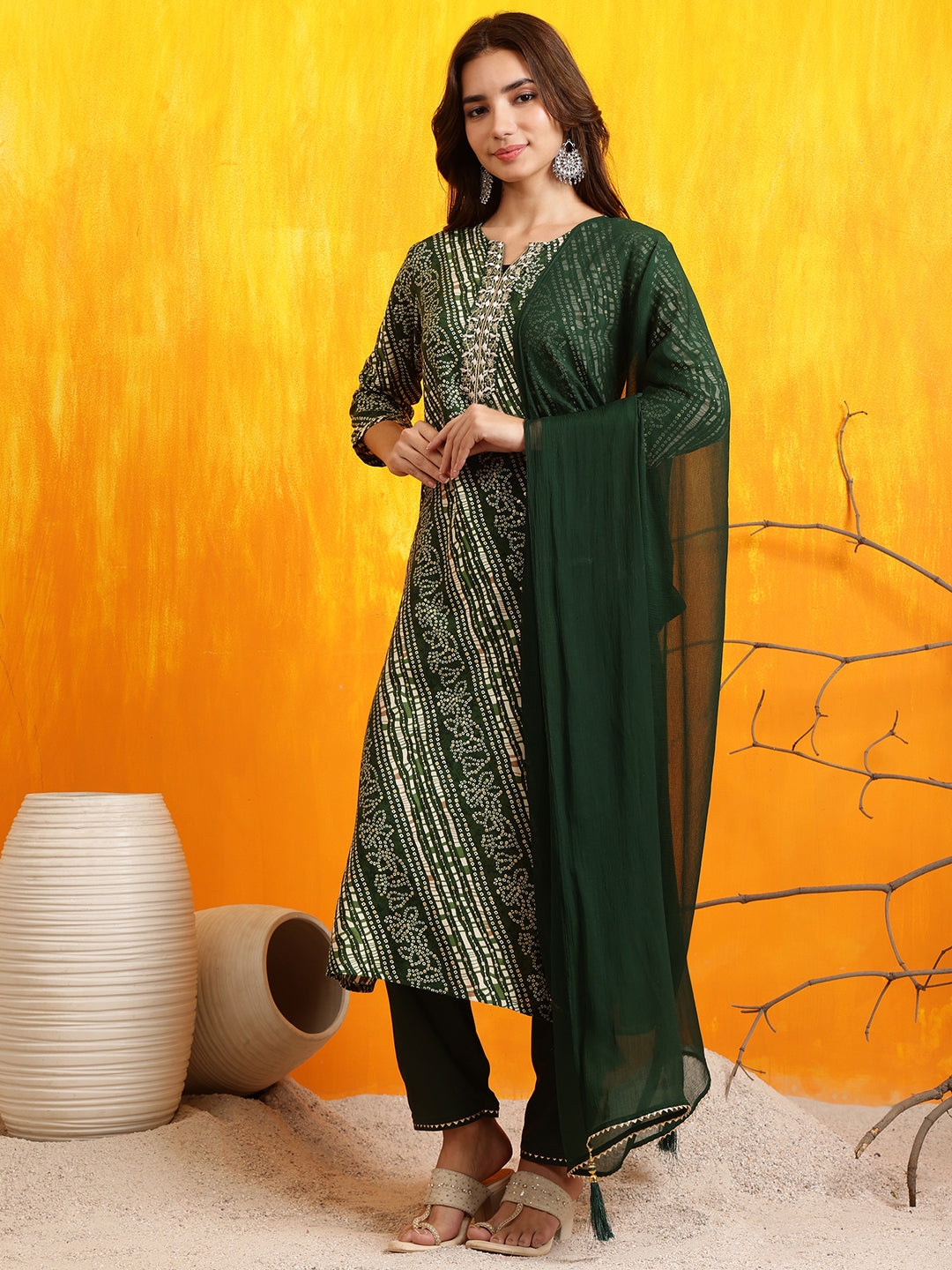 Embroidered Kurta With Pant & Dupatta, Green - Hiral Fashion