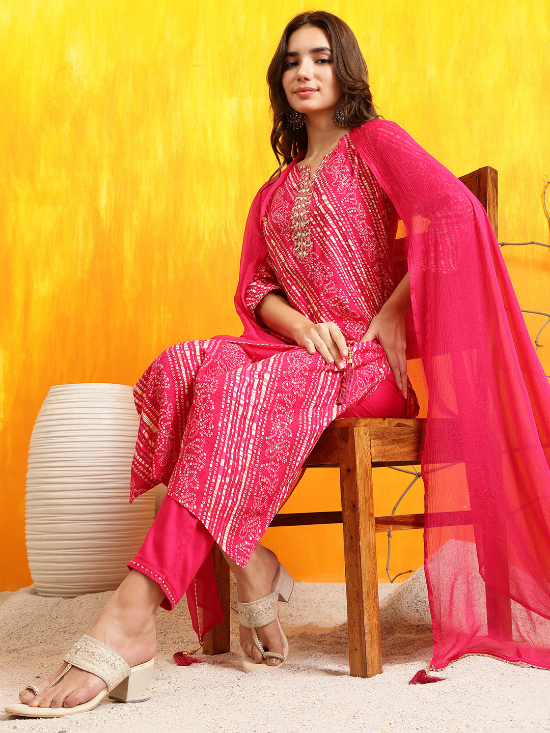 Embroidered Kurta With Pant & Dupatta, Pink - Hiral Fashion