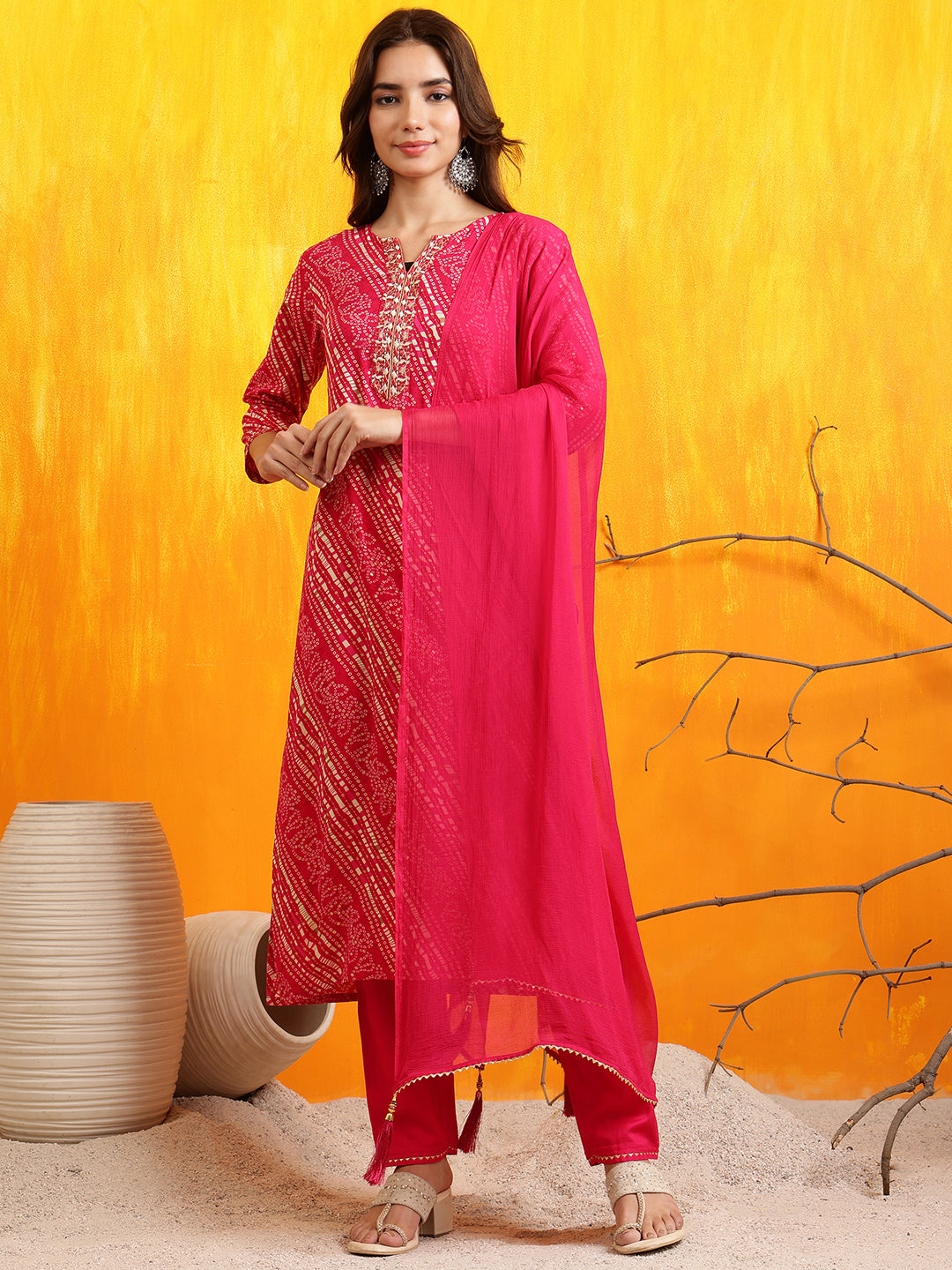 Embroidered Kurta With Pant & Dupatta, Pink - Hiral Fashion