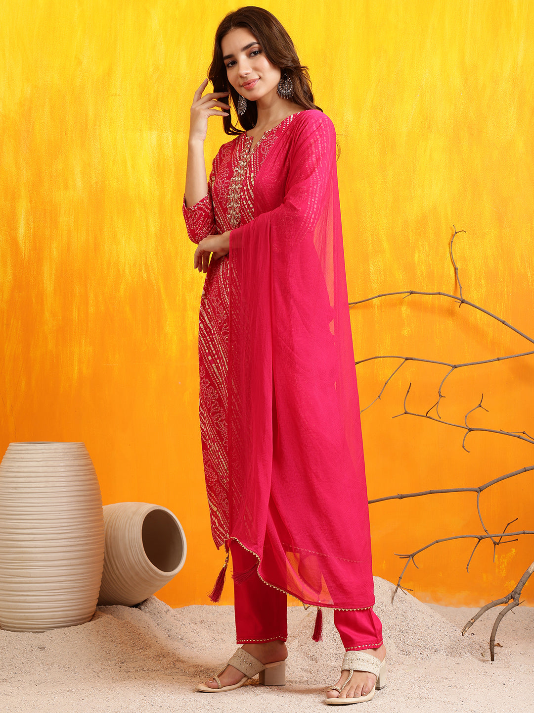 Embroidered Kurta With Pant & Dupatta, Pink - Hiral Fashion