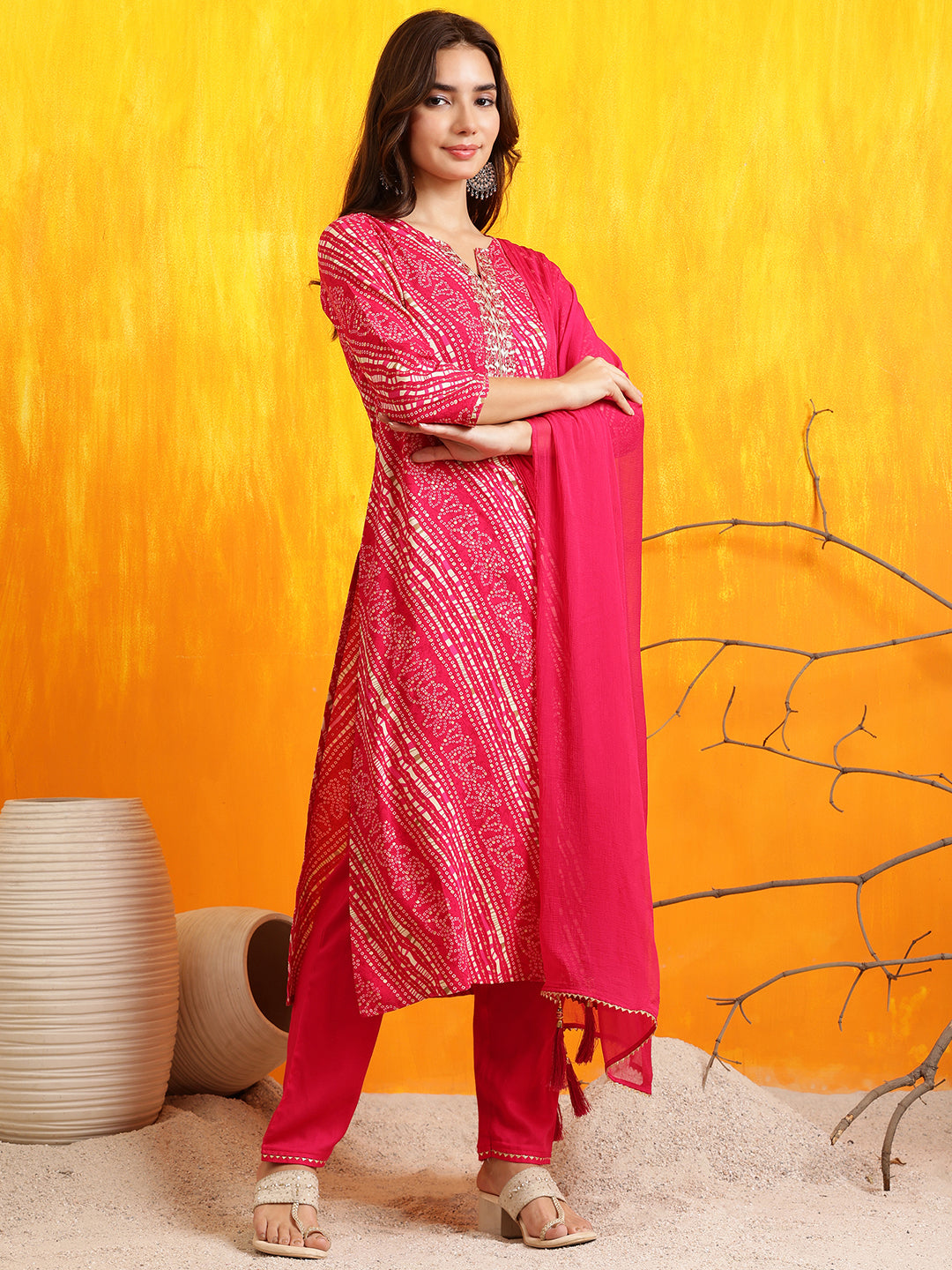 Embroidered Kurta With Pant & Dupatta, Pink - Hiral Fashion