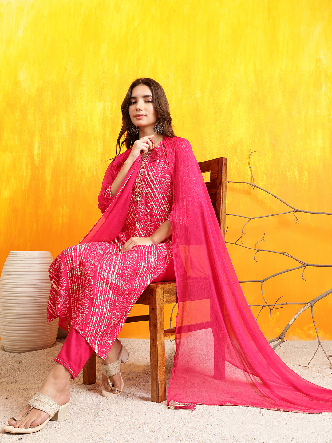 Embroidered Kurta With Pant & Dupatta, Pink - Hiral Fashion