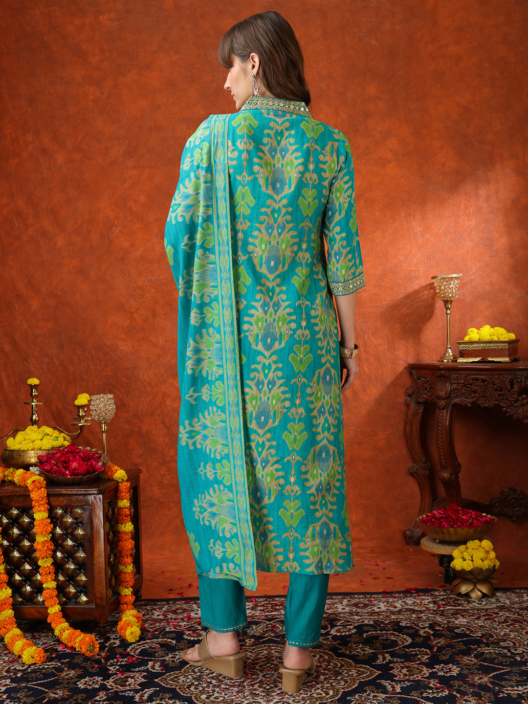 Embroidered & Printed Kurta With Pant & Coordinated Dupatta, Turquoise - Hiral Fashion