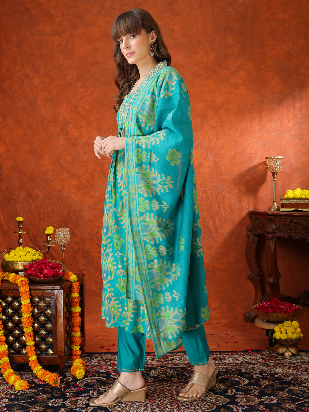 Embroidered & Printed Kurta With Pant & Coordinated Dupatta, Turquoise - Hiral Fashion