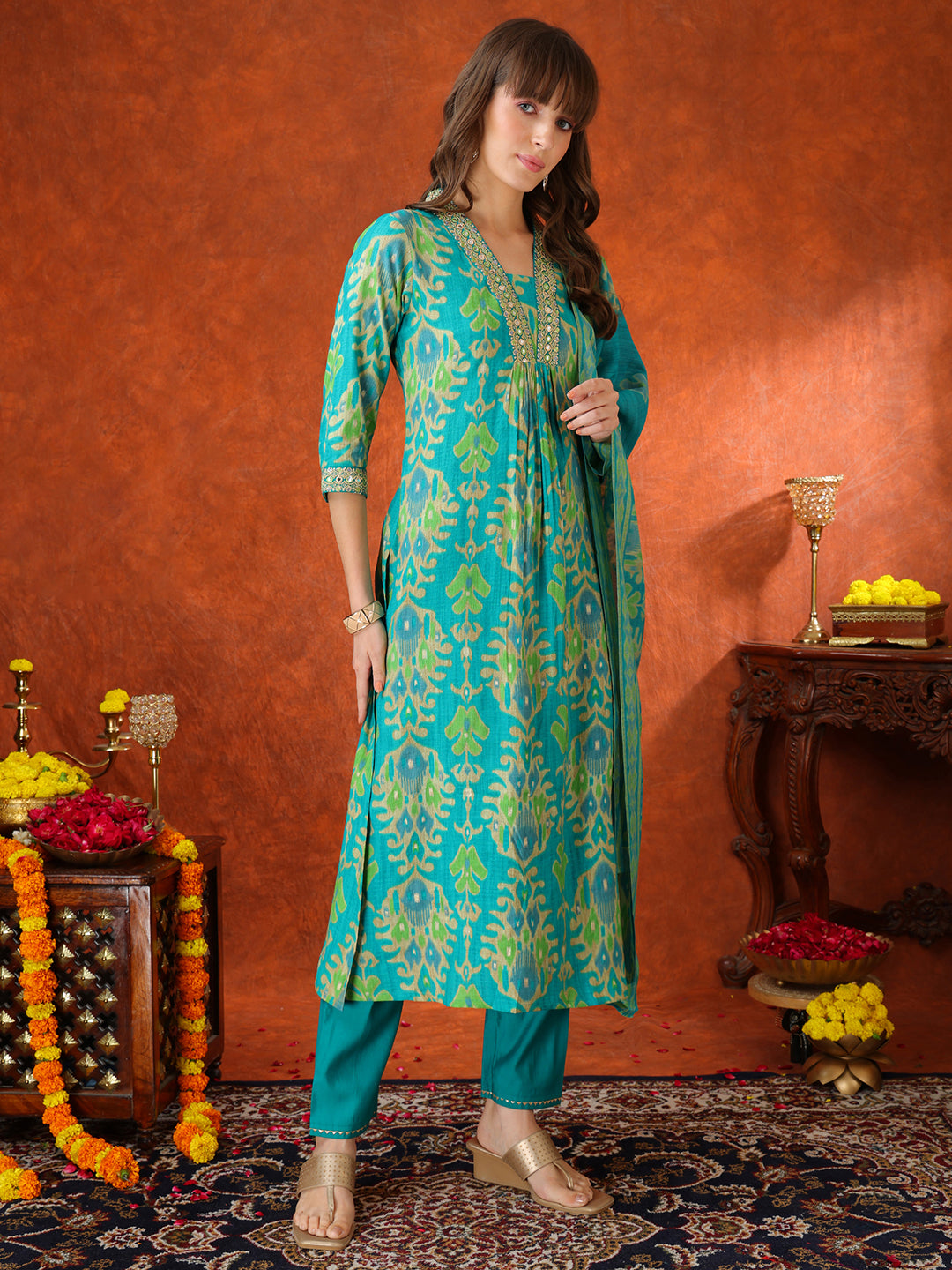 Embroidered & Printed Kurta With Pant & Coordinated Dupatta, Turquoise - Hiral Fashion