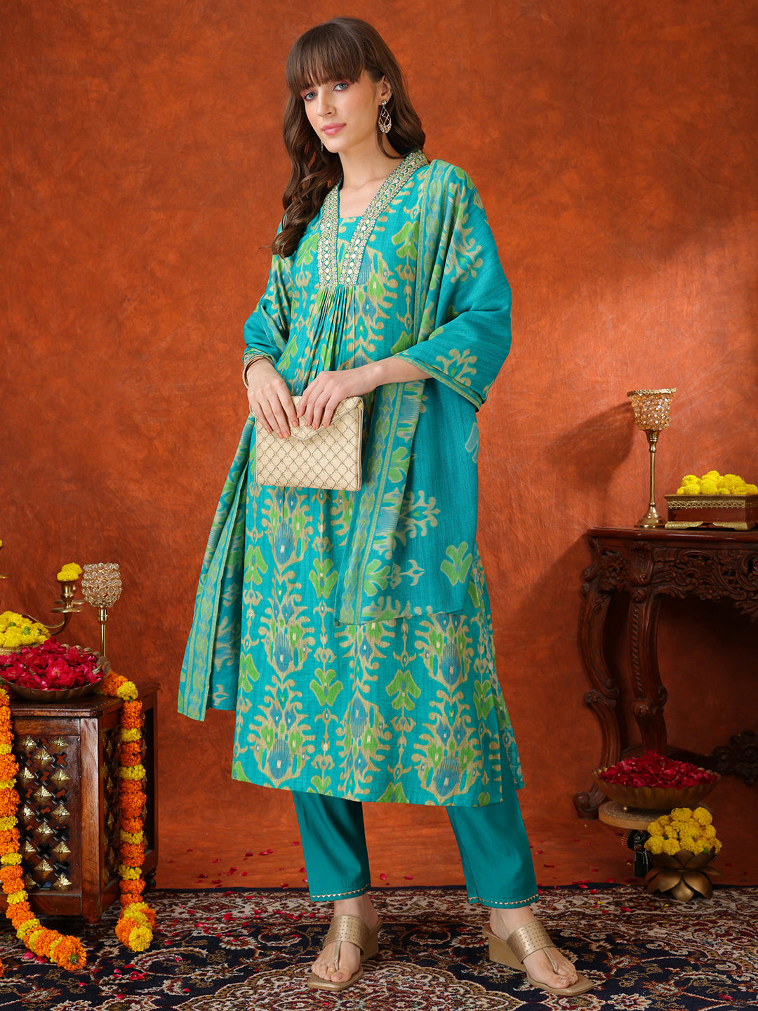 Embroidered & Printed Kurta With Pant & Coordinated Dupatta, Turquoise - Hiral Fashion