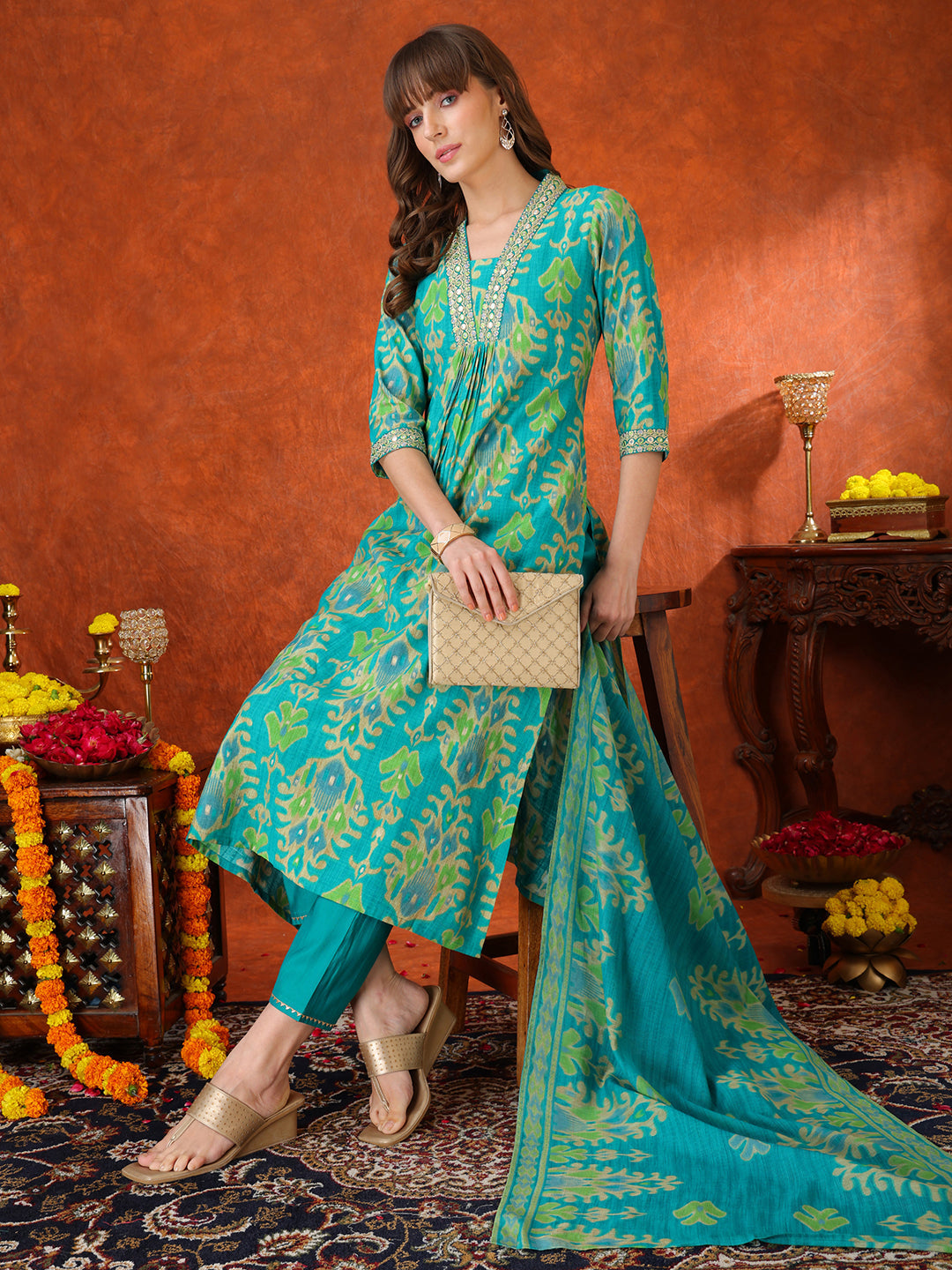 Embroidered & Printed Kurta With Pant & Coordinated Dupatta, Turquoise - Hiral Fashion