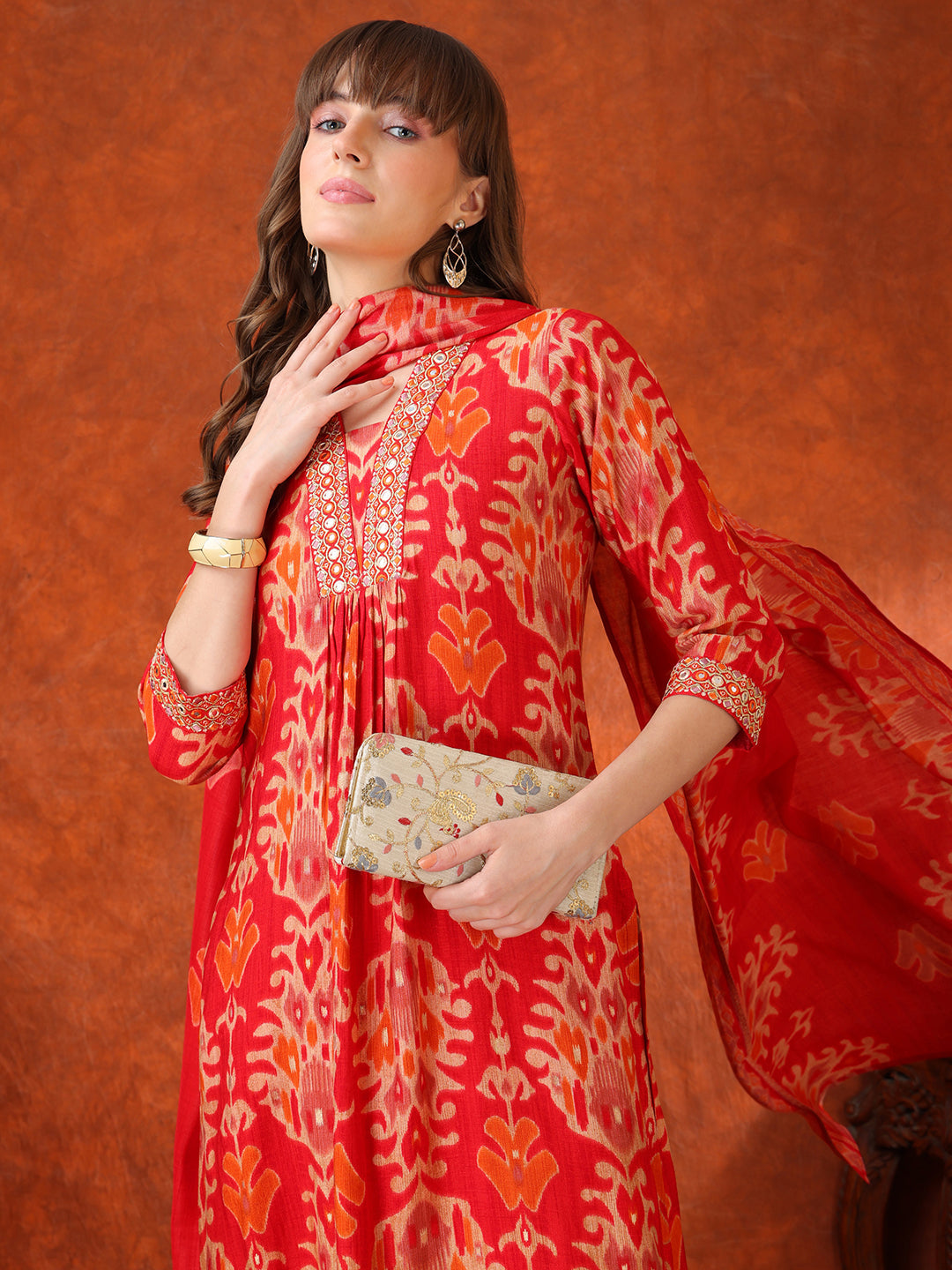 Embroidered & Printed Kurta With Pant & Coordinated Dupatta, Red - Hiral Fashion