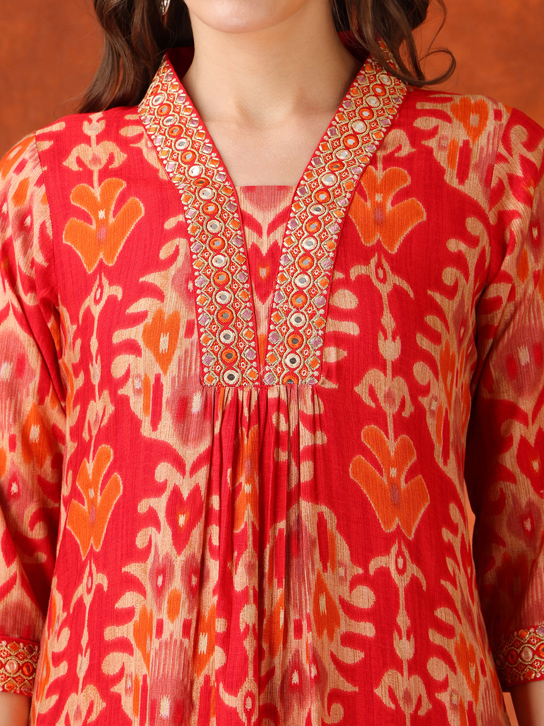 Embroidered & Printed Kurta With Pant & Coordinated Dupatta, Red - Hiral Fashion