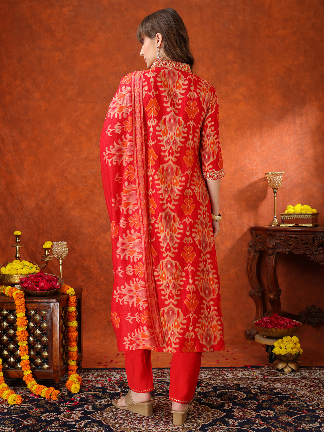 Embroidered & Printed Kurta With Pant & Coordinated Dupatta, Red - Hiral Fashion