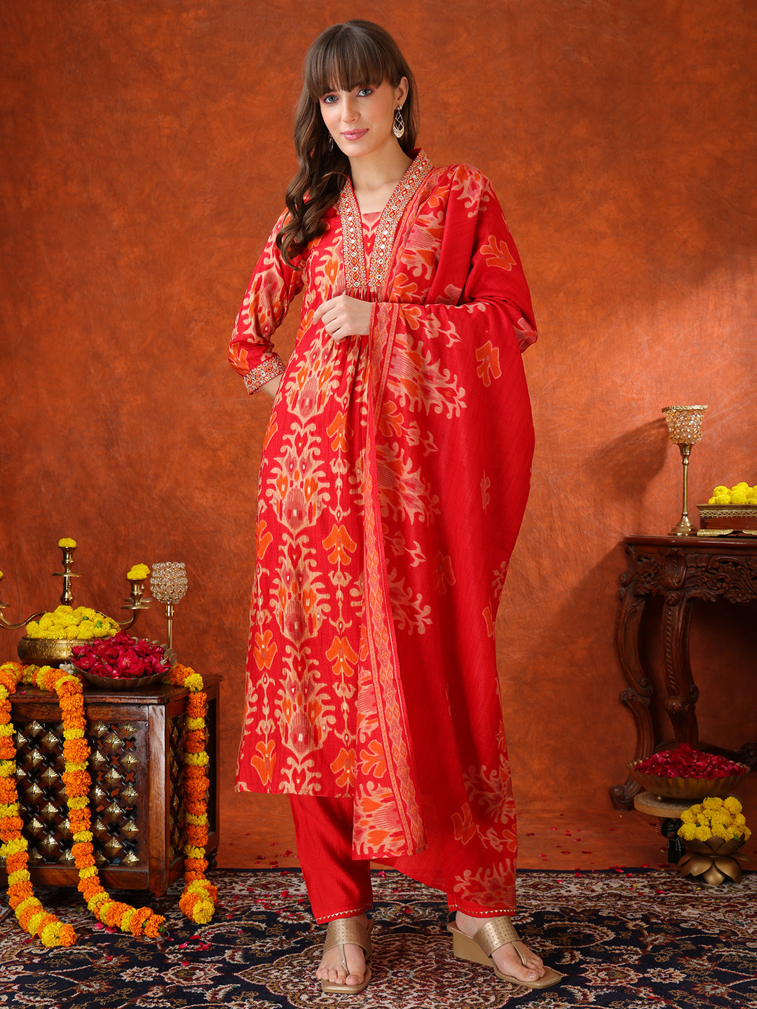 Embroidered & Printed Kurta With Pant & Coordinated Dupatta, Red - Hiral Fashion