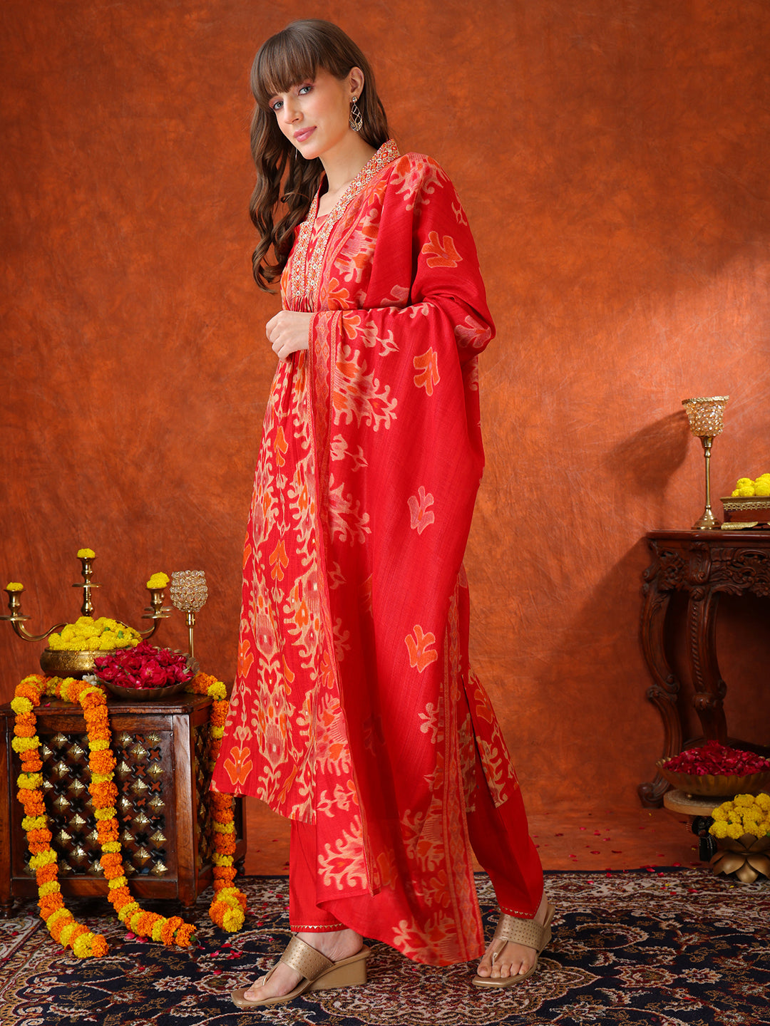 Embroidered & Printed Kurta With Pant & Coordinated Dupatta, Red - Hiral Fashion