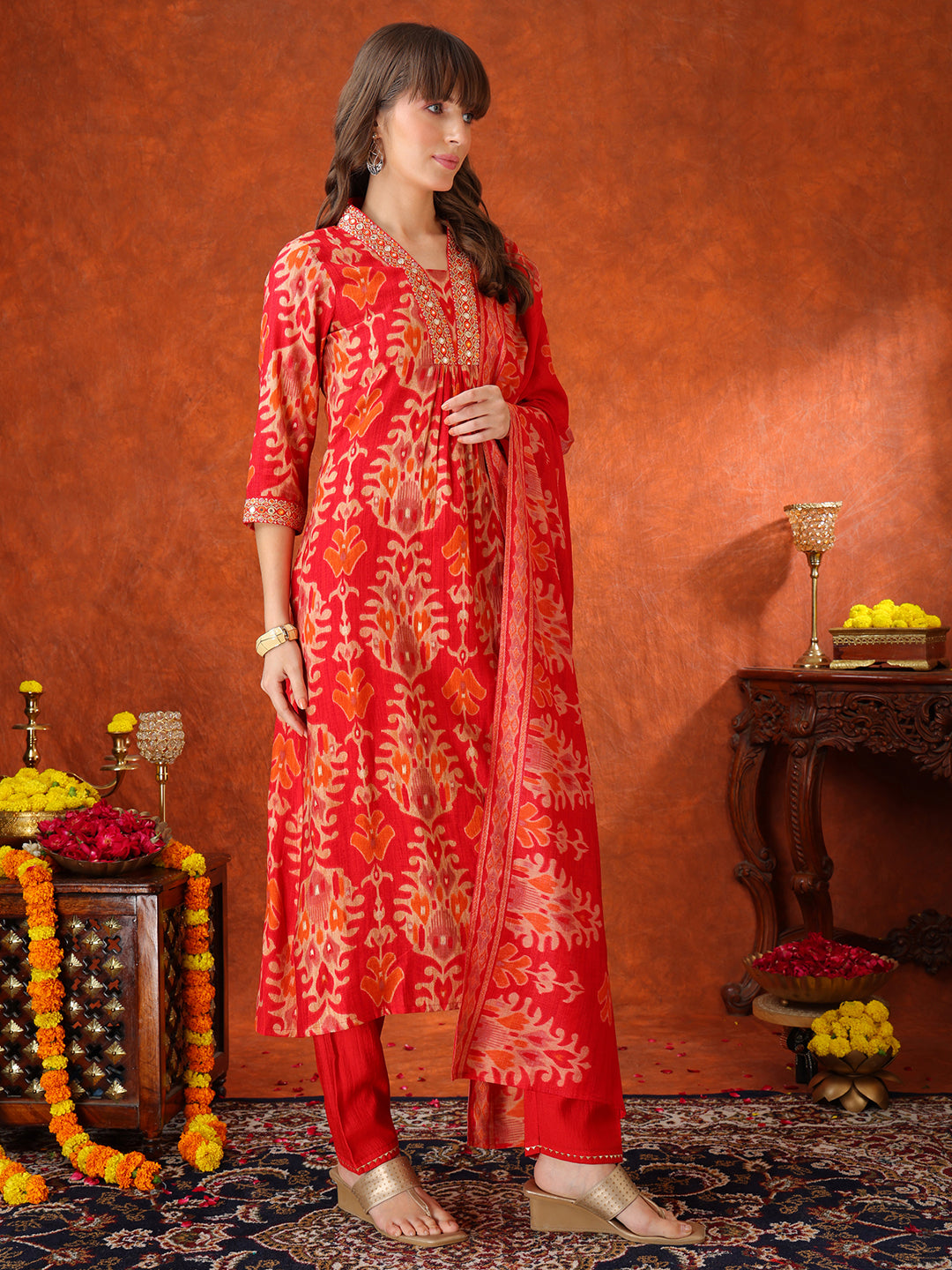 Embroidered & Printed Kurta With Pant & Coordinated Dupatta, Red - Hiral Fashion