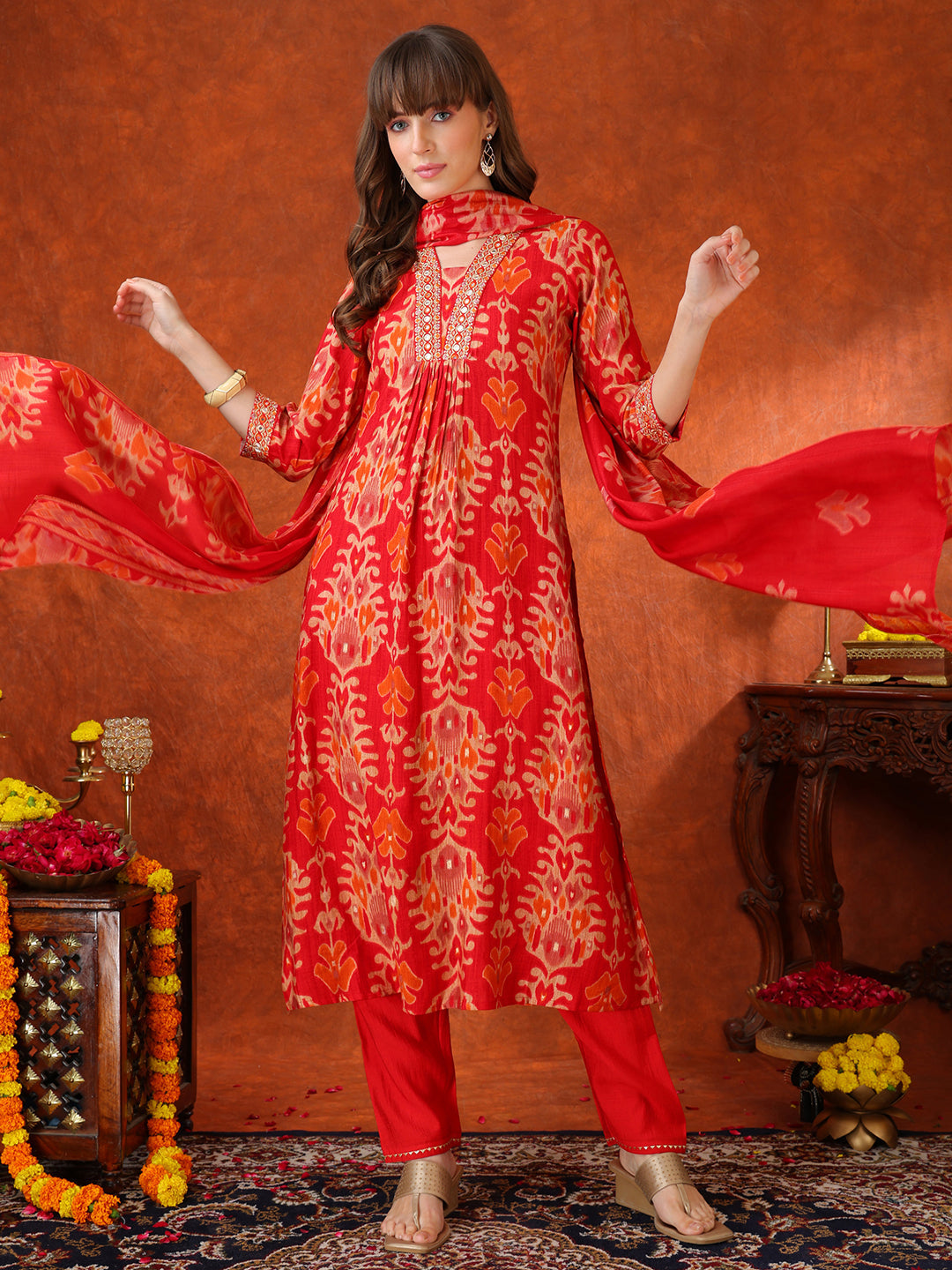 Embroidered & Printed Kurta With Pant & Coordinated Dupatta, Red - Hiral Fashion