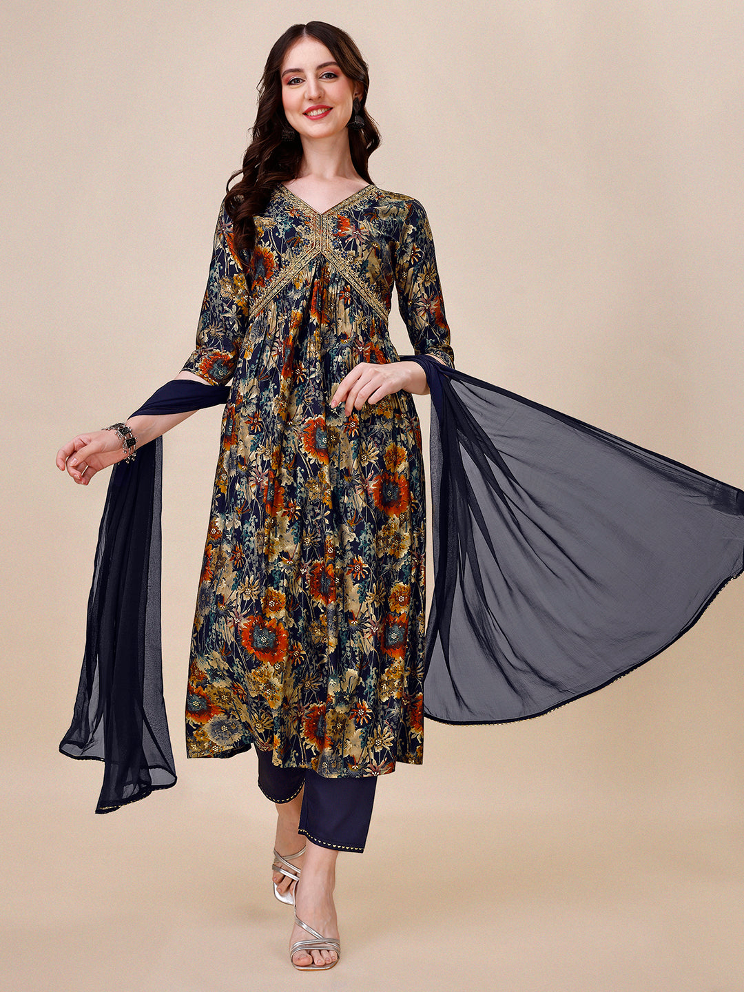 Alia Cut Printed & Embroidered Kurta With Pant & Dupatta Set, Multicolor - Hiral Fashion