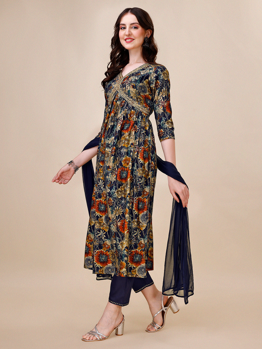 Alia Cut Printed & Embroidered Kurta With Pant & Dupatta Set, Multicolor - Hiral Fashion