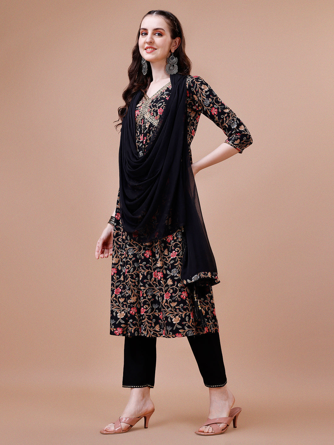 Alia Cut Embroidered & Floral Printed Rayon Kurta With Pant & Dupatta, Multicolor - Hiral Fashion