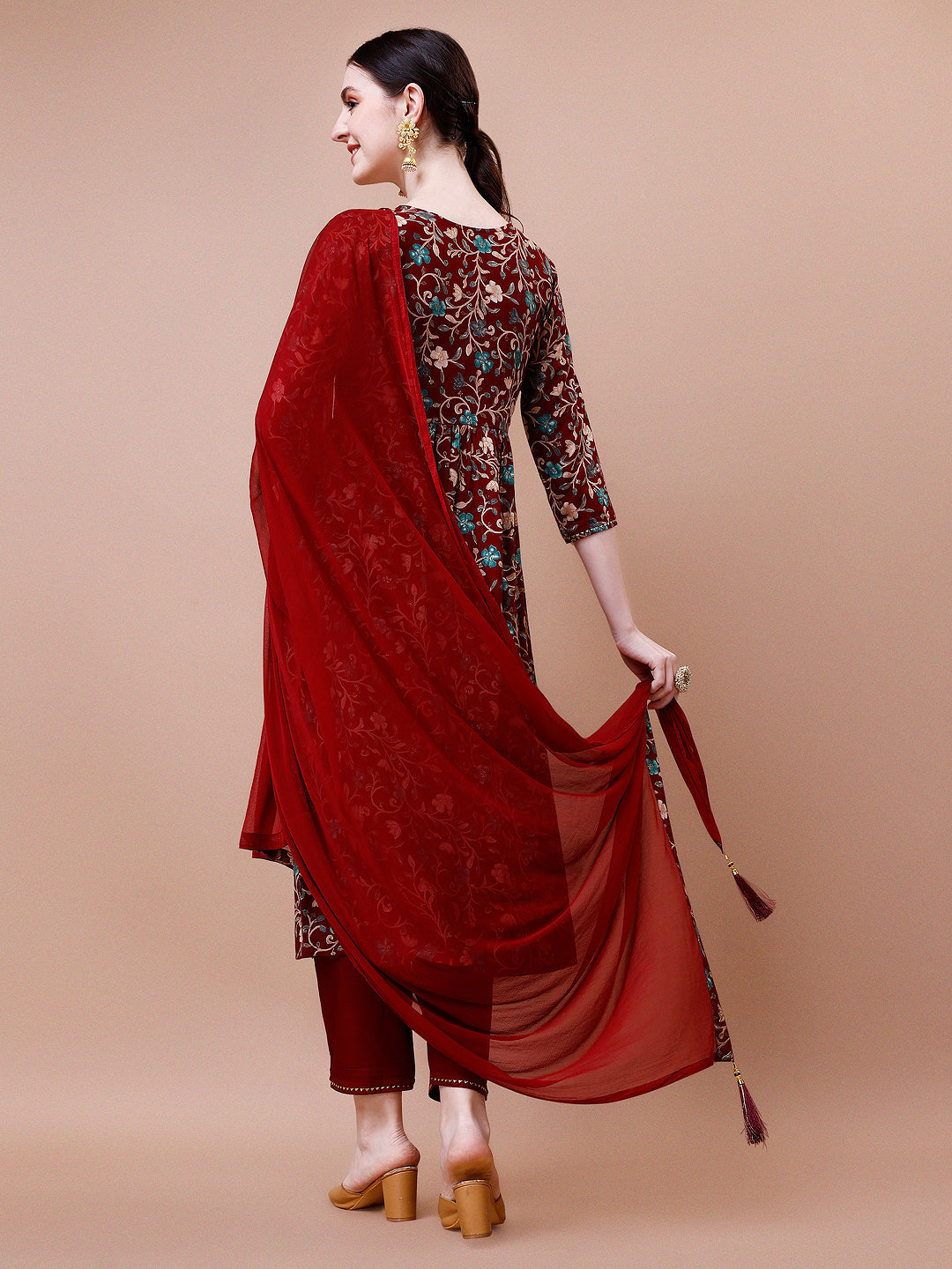 Alia Cut Embroidered & Floral Printed Rayon Kurta With Pant & Dupatta, Multicolor - Hiral Fashion
