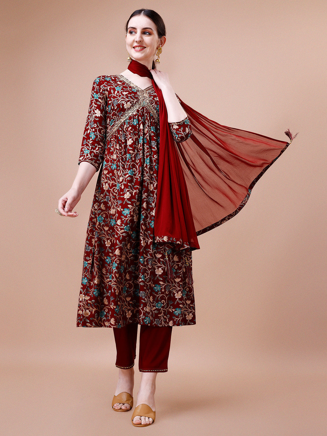 Alia Cut Embroidered & Floral Printed Rayon Kurta With Pant & Dupatta, Multicolor - Hiral Fashion