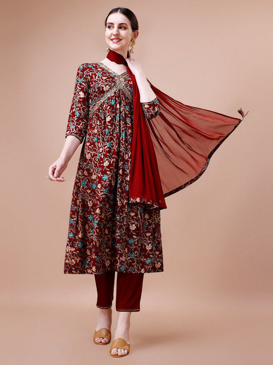 Alia Cut Embroidered & Floral Printed Rayon Kurta With Pant & Dupatta, Multicolor - Hiral Fashion