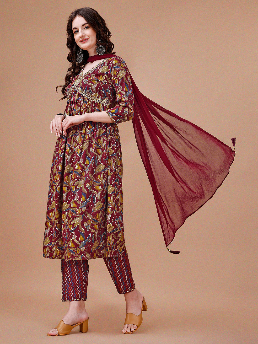 Alia Cut Botanical Printed & Embroidered Rayon Kurta With Pant & Dupatta, Multicolor - Hiral Fashion