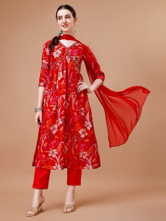 Alia Cut Floral Printed & Embroidered Kurta With Pant & Dupatta, Multicolor - Hiral Fashion
