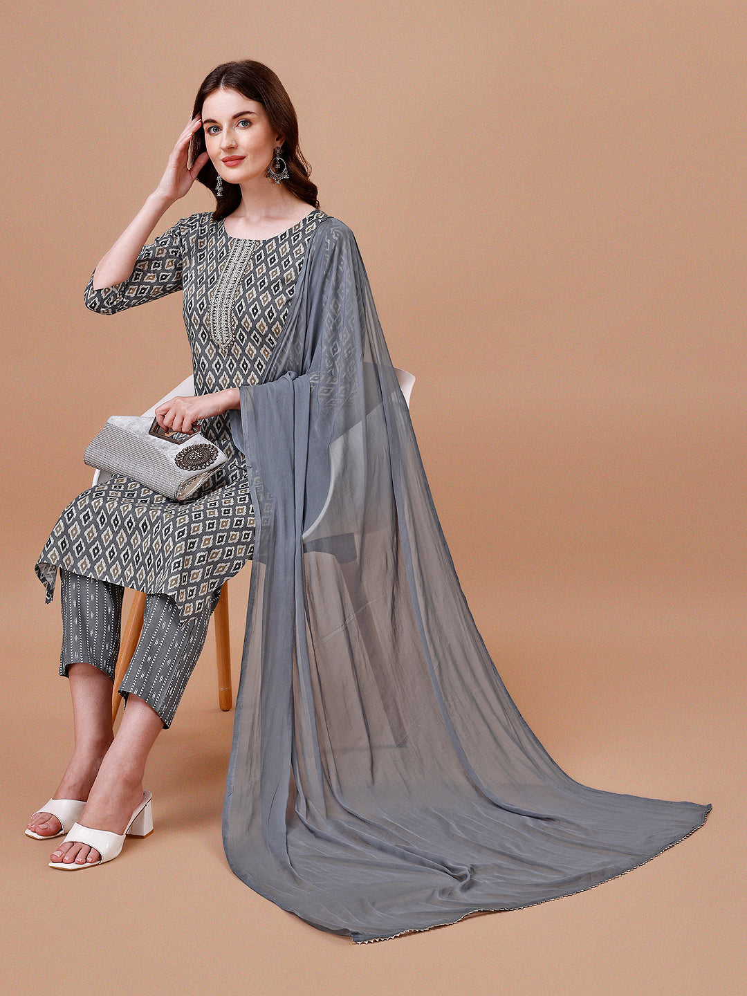 Ethnic Motifs Printed Cotton Kurta With Pant & Dupatta, Multicolor - Hiral Fashion