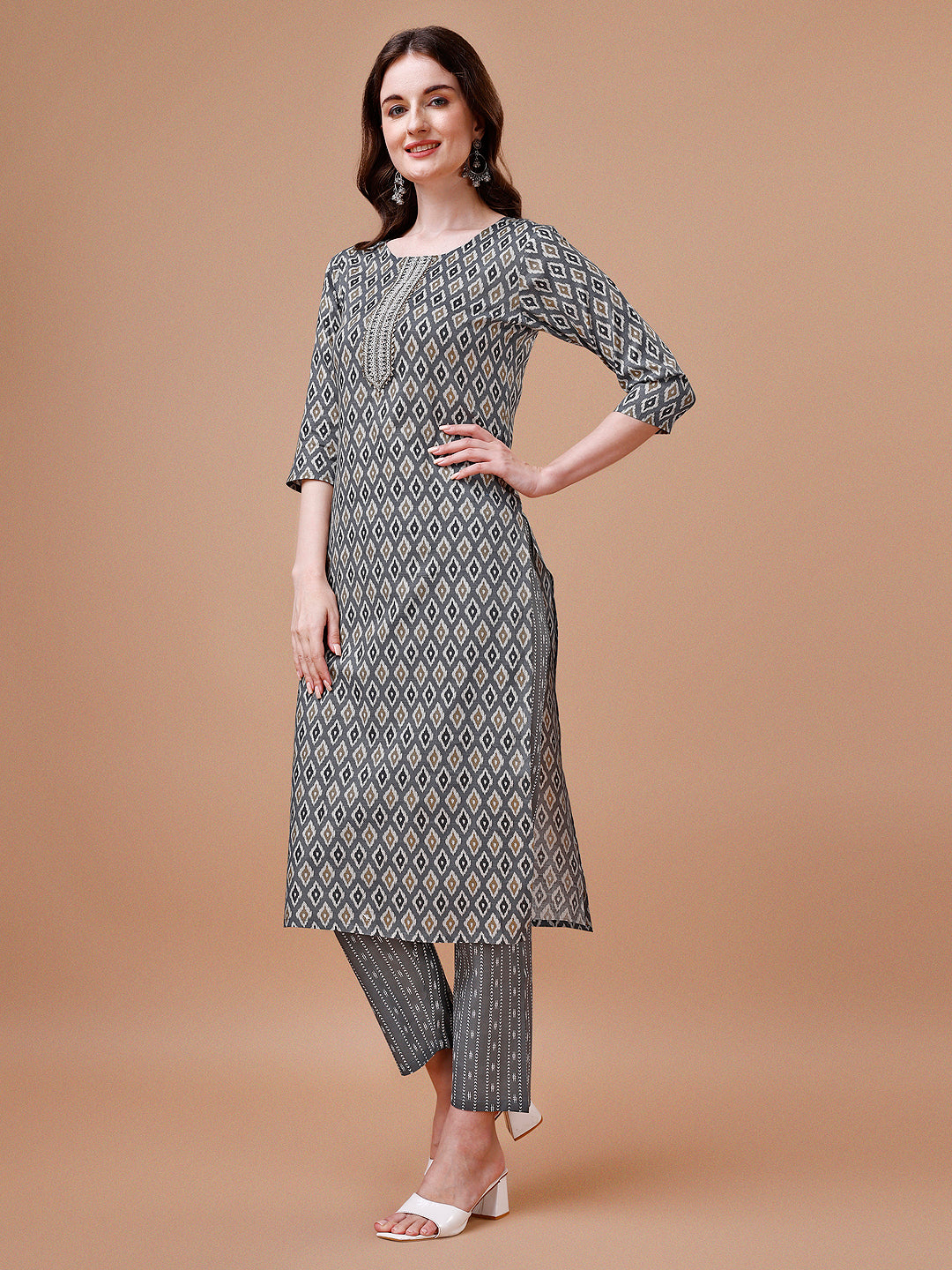 Ethnic Motifs Printed Cotton Kurta With Pant & Dupatta, Multicolor - Hiral Fashion