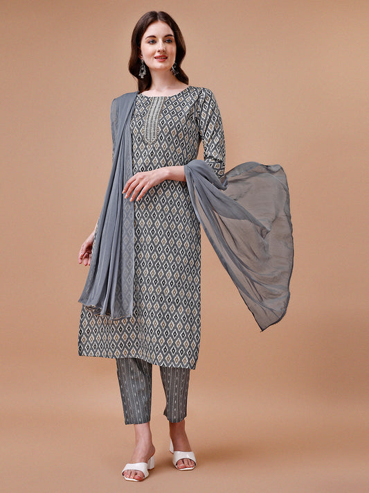 Ethnic Motifs Printed Cotton Kurta With Pant & Dupatta, Multicolor - Hiral Fashion