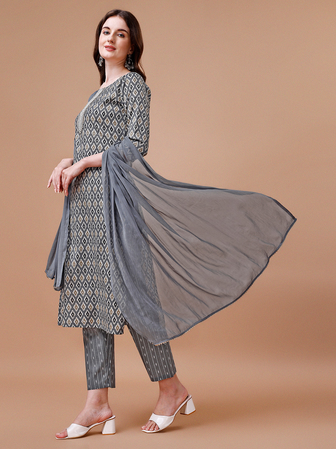 Ethnic Motifs Printed Cotton Kurta With Pant & Dupatta, Multicolor - Hiral Fashion