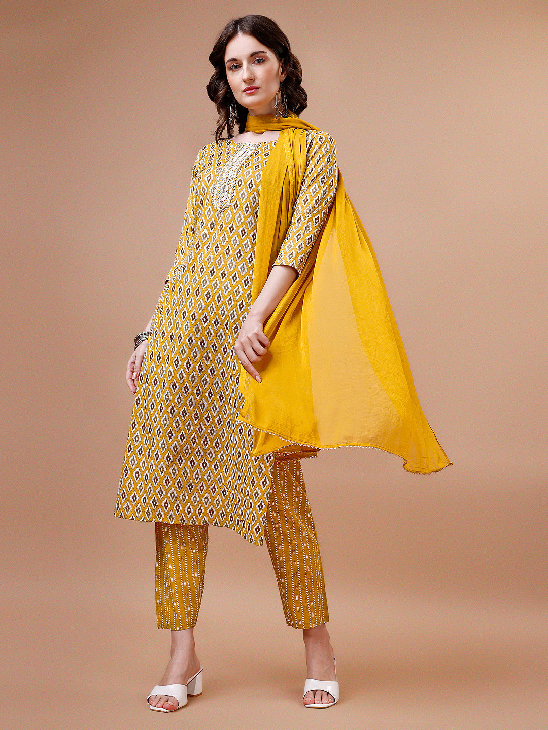 Ethnic Motifs Printed Cotton Kurta With Pant & Dupatta, Multicolor - Hiral Fashion